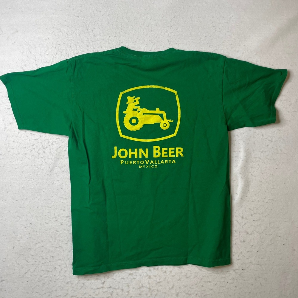 John Beer Deere Puerto Vallarta Mexico Graphic T-Shirt Mens Large Green Parody - Picture 1 of 5